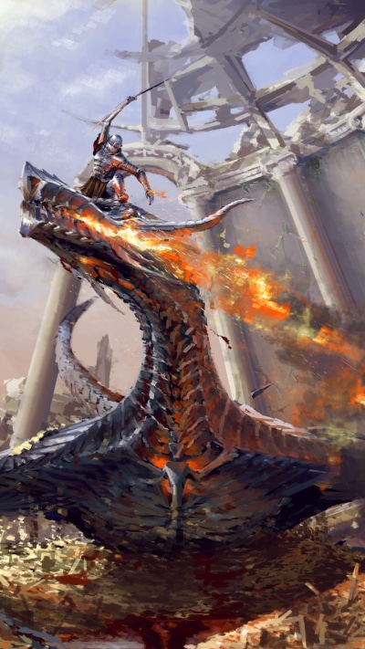 Fantasy Dragon, Battle, Knight, Ruin, 720x1280