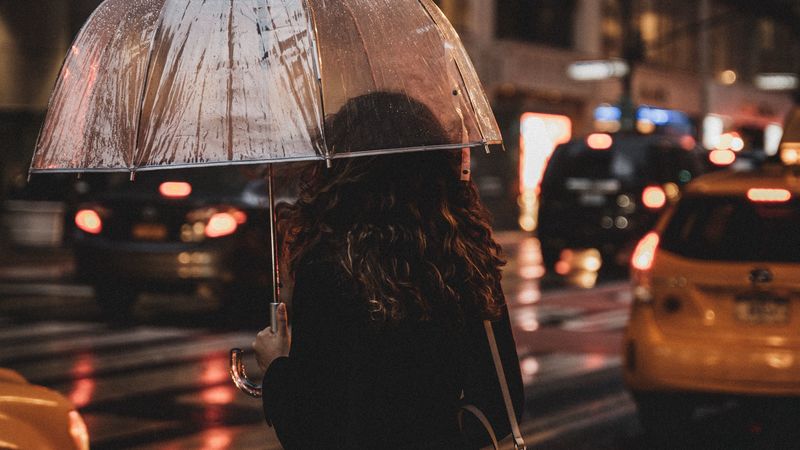 girl, umbrella, rain, street, night, 4k
