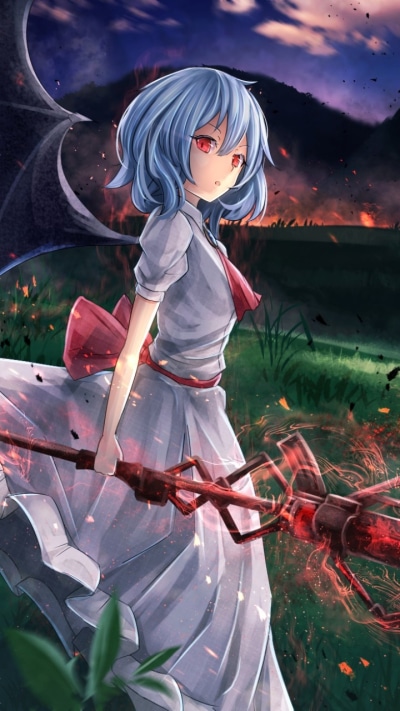 Anime Touhou, Landscape, Dress, Blue Hair, Remilia Scarlet, Red Eyes, 720x1280