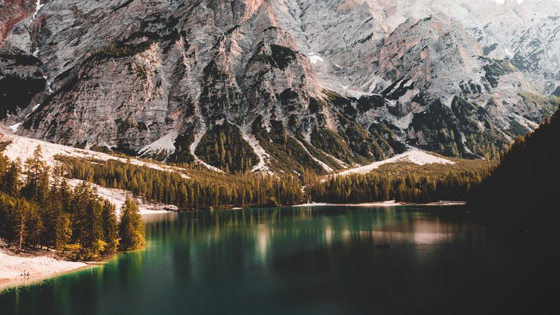 landscape, mountains, lake, peaks, trees, 4k