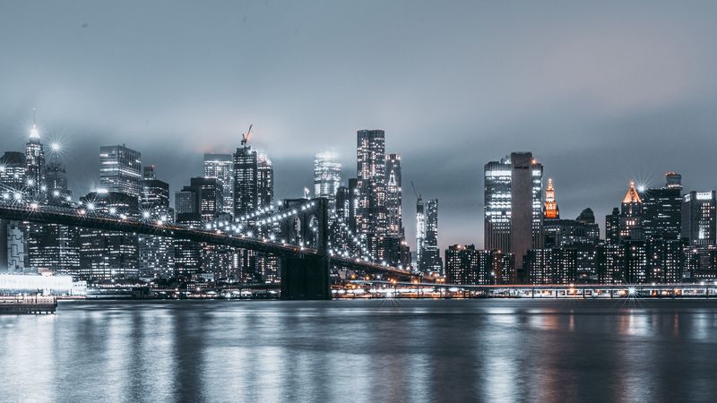 night city, bridge, lights, overview, 4k