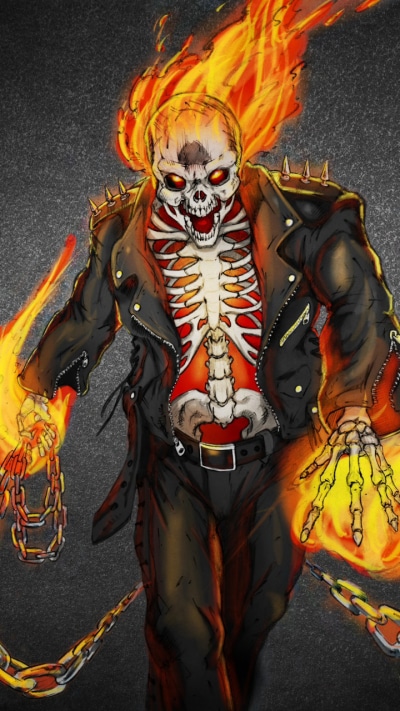 Comics Ghost Rider, Painting, Leather, Skeleton, Chain, Fire, 720x1280