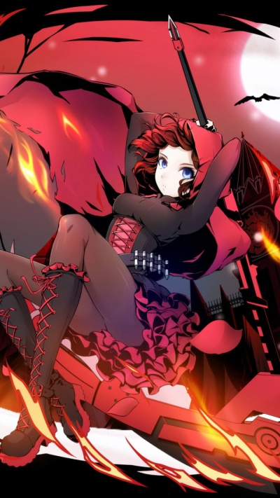 Anime RWBY, Red Hair, Bat, Scythe, Moon, Ruby Rose (RWBY), 720x1280