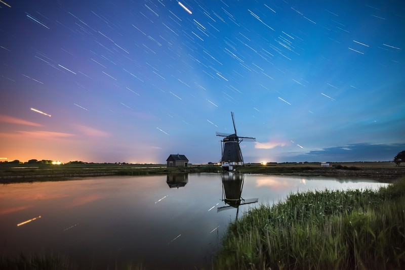 windmill, reflection, artist, artwork, digital art, hd, sky, lake