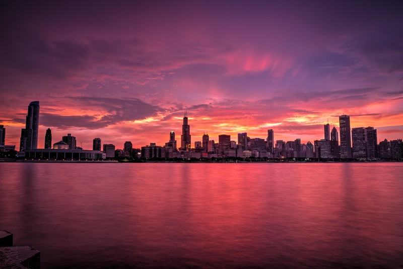 chicago, evening, lights, skycrapper, sunrise, buildings, hd, world