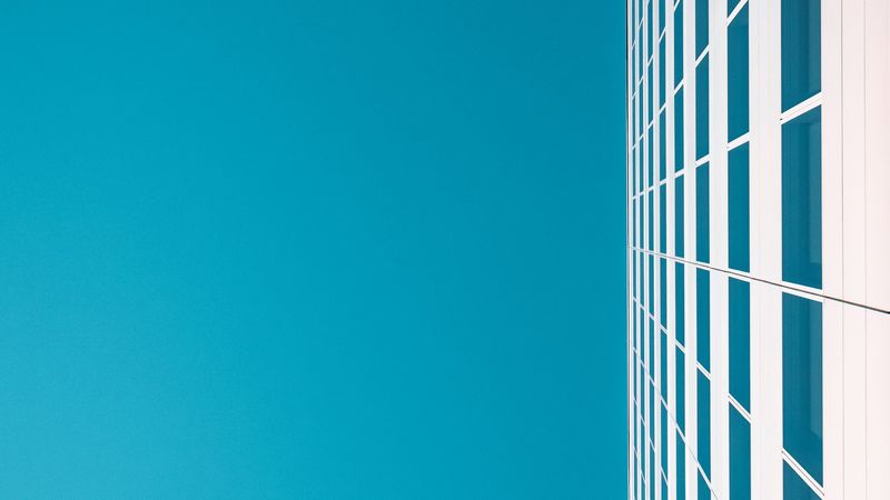 building, sky, minimalism, white, blue, 4k