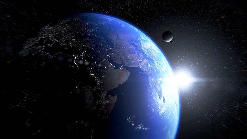 planet, space, satellite, lens flare, stars, 4k