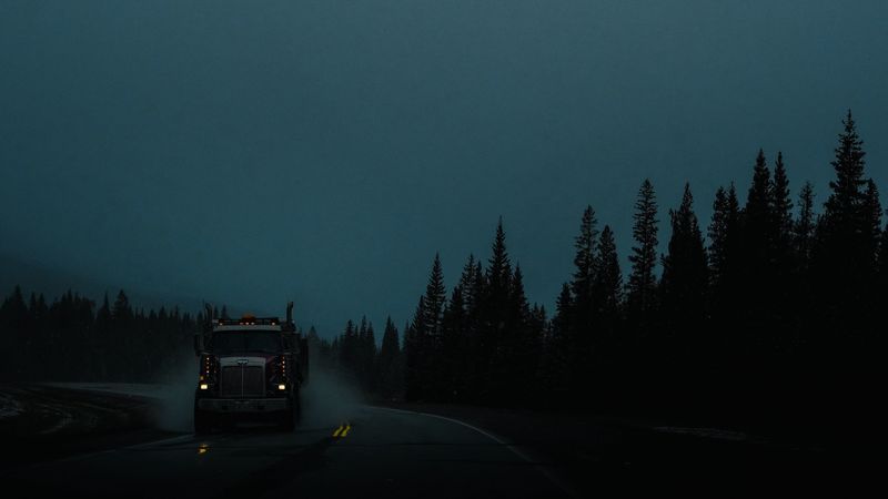 truck, machine, lights, road, evening, dusk, 4k