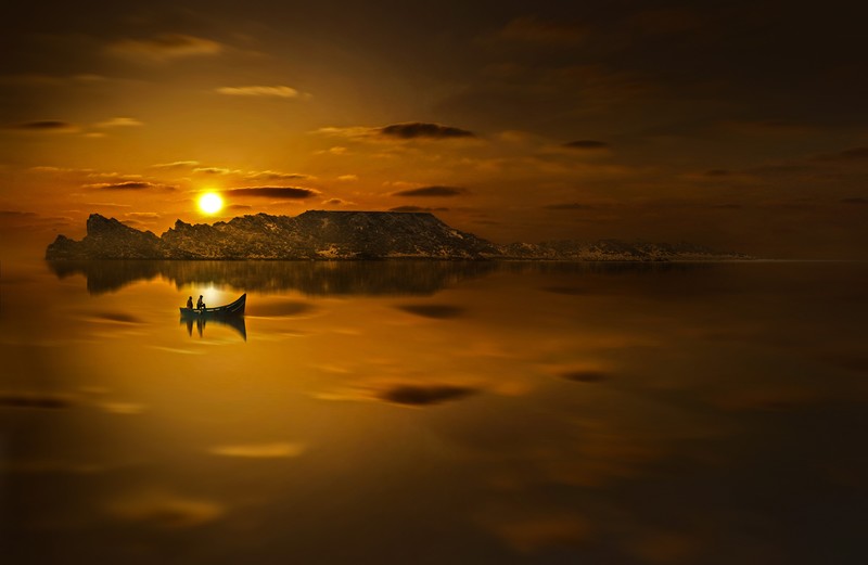 boat, evening, lake, sunset, silhouette, reflection, hd
