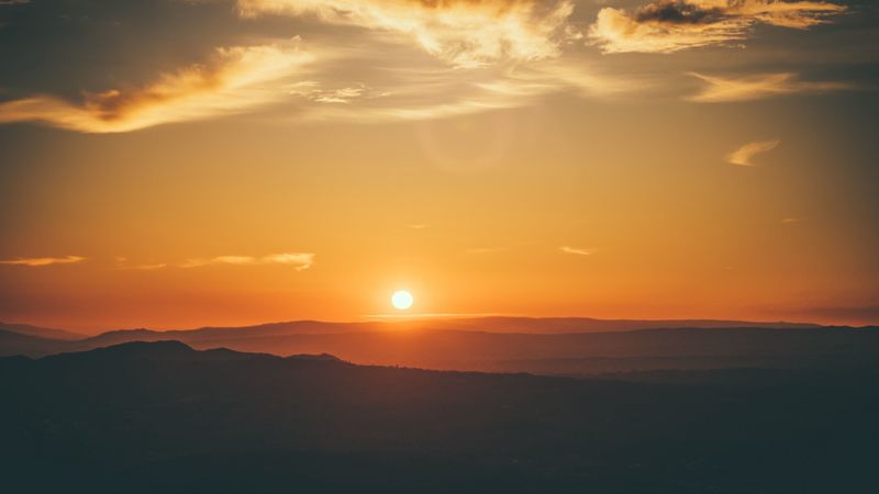 sunset, horizon, sun, hills, orange, 4k