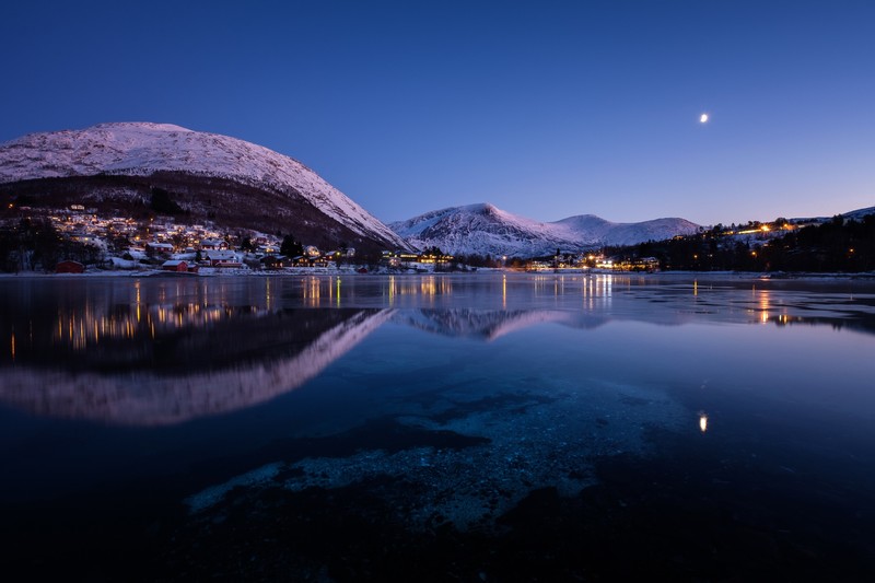 mountains, evening, lake, city, night, hd, nature, 4k