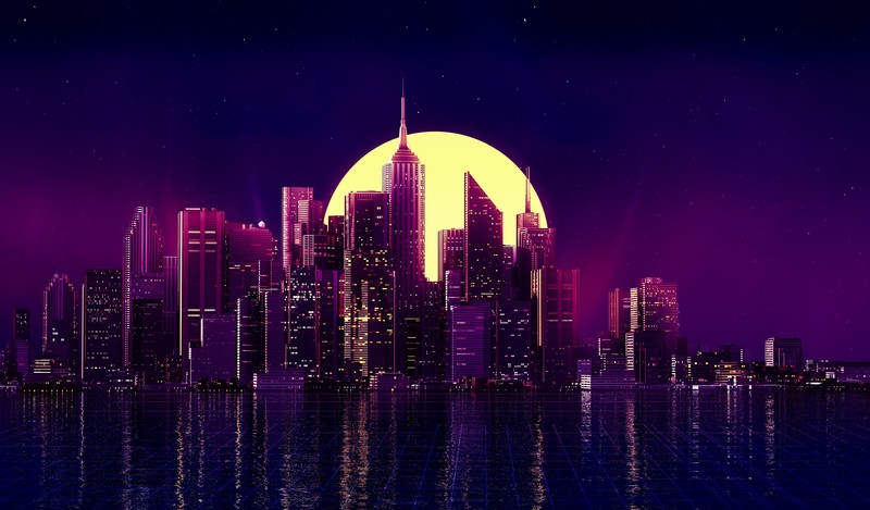 neon, city, buildings, reflection, skycrapper, artist, artwork, digital art, hd, 4k, minimalism, minimalist