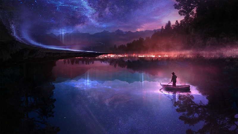 fantasy, boat, artist, artwork, digital art, hd, night, reflection, deviantart, lake