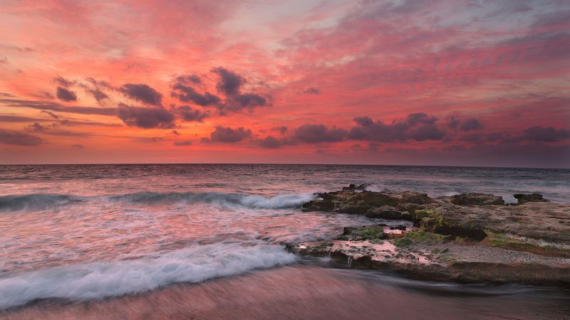 sunset, surf, waves, rocks, 4k