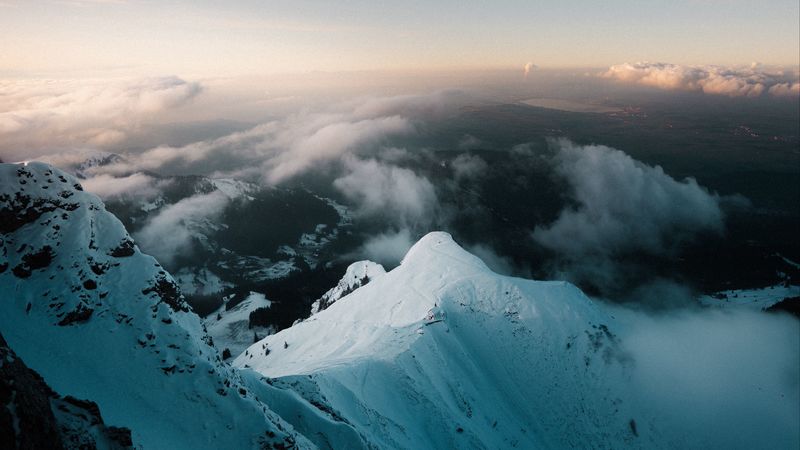 peak, snow, clouds, fog, 4k