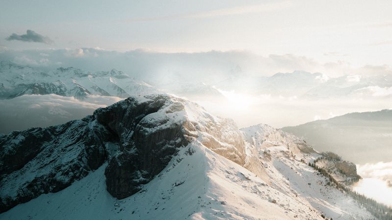 mountains, snow, aerial view, winter, landscape, 4k