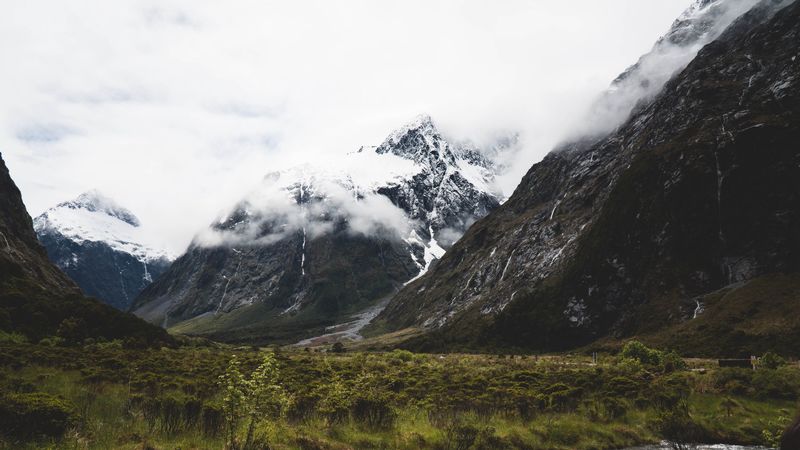 mountains, peaks, clouds, snow, 4k