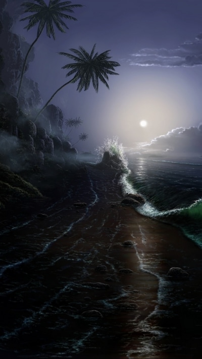 Artistic Ocean, Night, Beach, Wave, Moon, 720x1280