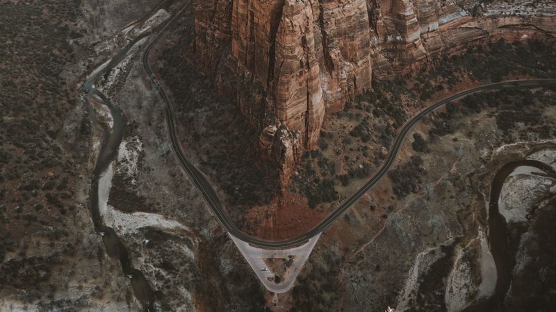 mountains, road, aerial view, canyon, valley, 4k