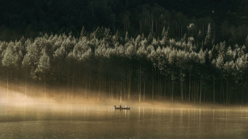 boat, forest, hill, water, fog, 4k