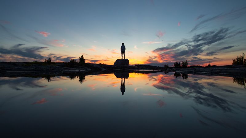 silhouette, rock, alone, water, reflection, 4k
