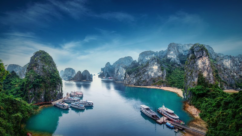 ha long bay, boats, lake, mountains, nature, hd, 4k