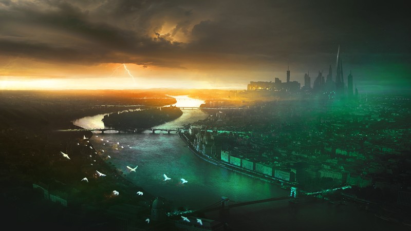 city, birds, sky, storm, clouds, artist, artwork, digital art, hd, deviantart