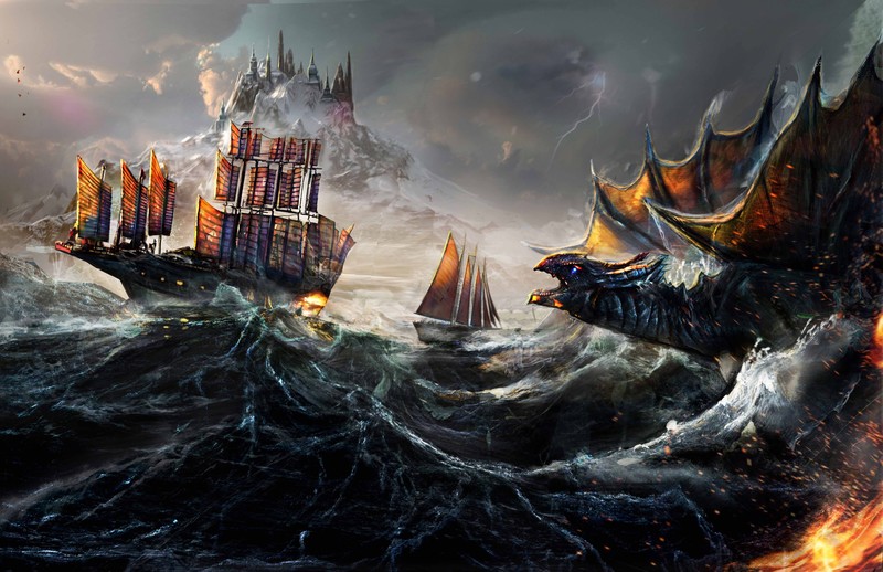 dragon, ocean, ship, painting, artist, artwork, digital art, hd, 4k, 5k, deviantart