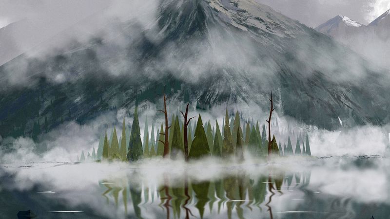 trees, fog, mountains, peaks, art, 4k