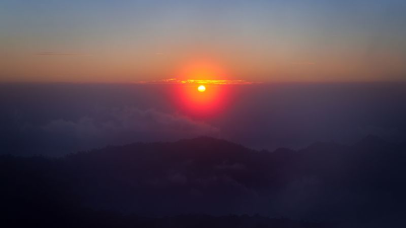 sunrise, mountains, clouds, fog, dusk, 4k