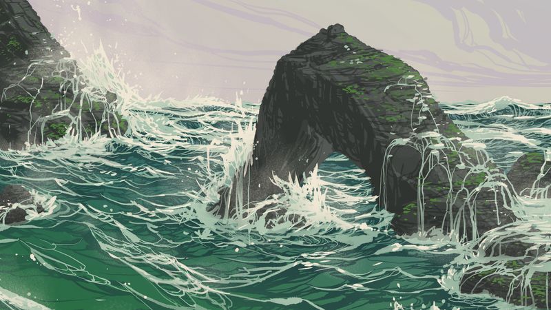 rock, waves, sea, art, vector, 4k