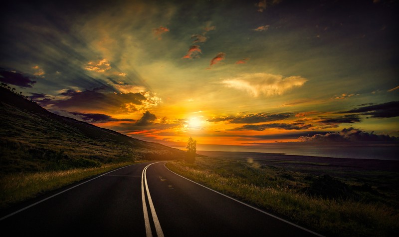 sunset, road, nature, hd, 4k, 5k, 8k