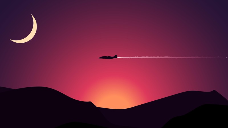 minimalism, plane, flying, mountains, moon, sunset, hd, 4k