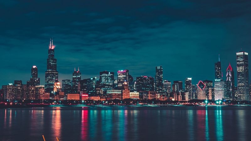 night city, buildings, water, reflection, chicago, 4k