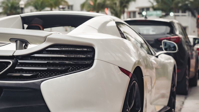 car, sportscar, white, rear view, street, 4k
