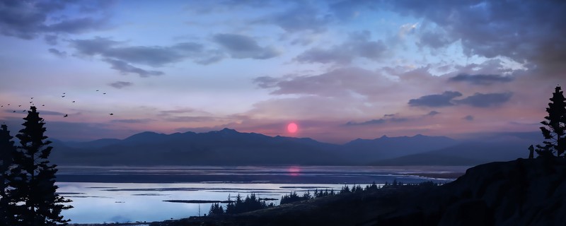 artist, landscape, fantasy, artwork, digital art, hd, artstation, sunset, birds, mountains, nature, evening, dusk, dawn