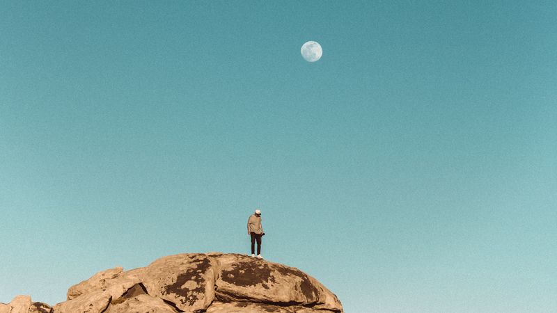 man, alone, rock, peak, nature, 4k