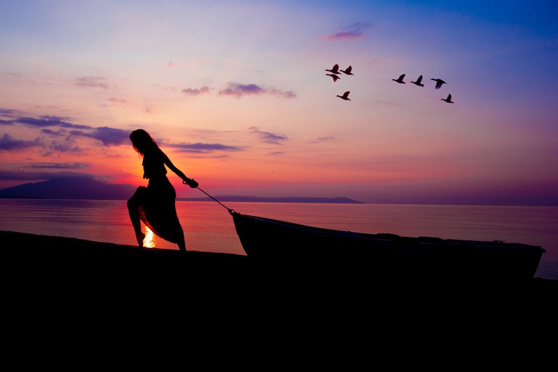 silhouette, beach, boat, sunset, dusk, dawn, nature, hd, sunrise, 4k, 5k