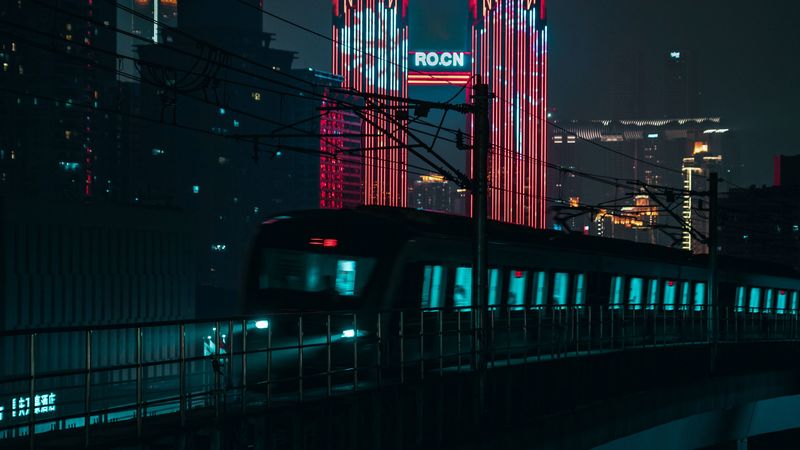 night city, train, buildings, architecture, backlight, 4k