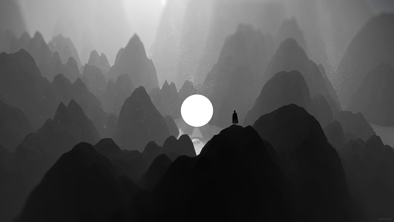 artist, artwork, digital art, hd, mountains, black and white, monochrome, moon