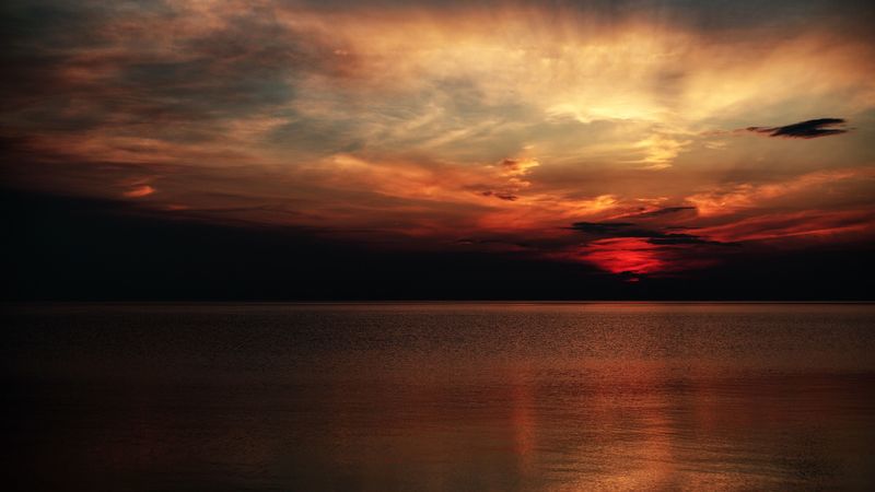 sunset, horizon, sky, water, coast, 4k