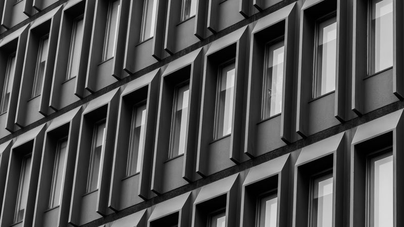 building, facade, windows, architecture, bw, 4k