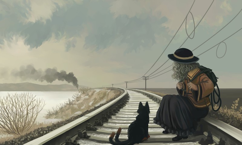 anime girl, anime, cat, railroad, hd, 4k