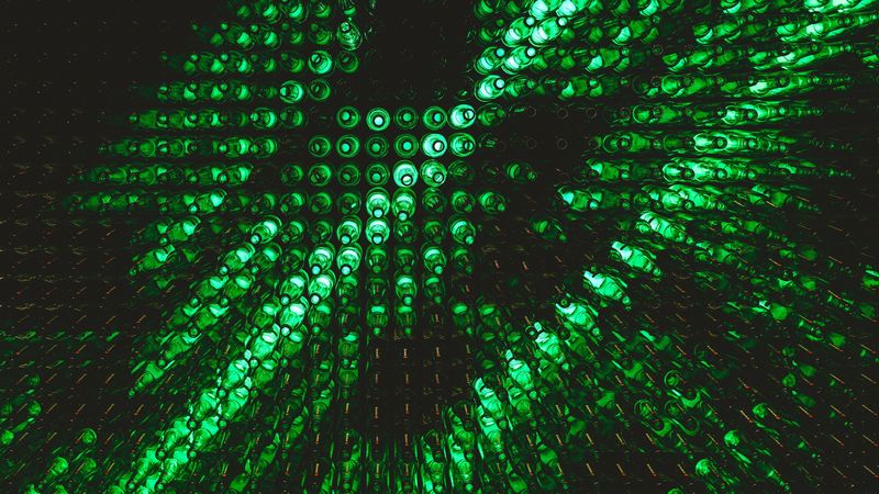 bottles, glass, texture, green, light, 4k