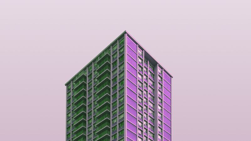 building, skyscraper, purple, minimalism, architecture, 4k