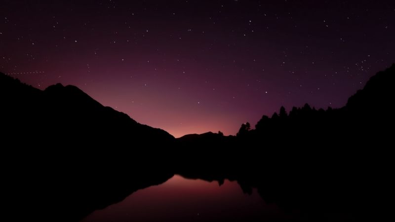 mountains, lake, starry sky, night, dark, 4k