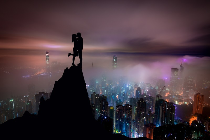 love, kiss, mountains, skycrapper, buildings, 4k, 5k, hd, illustration, photography