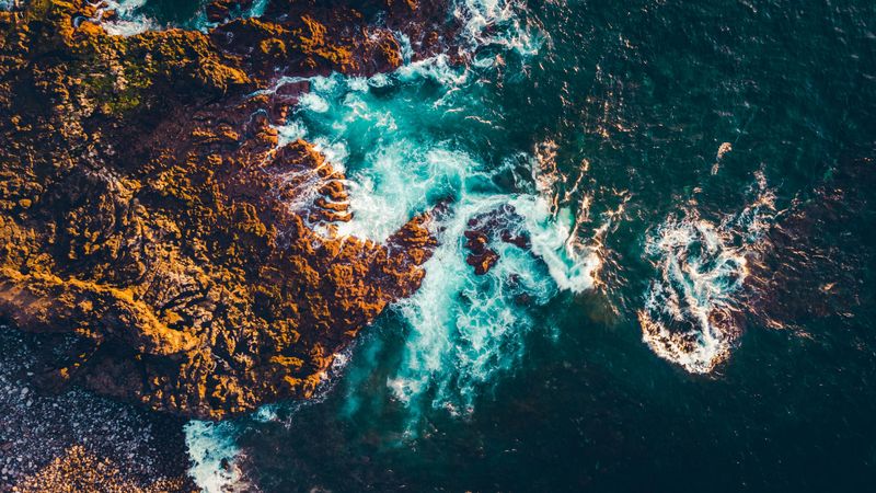 sea, rocks, aerial view, waves, 4k