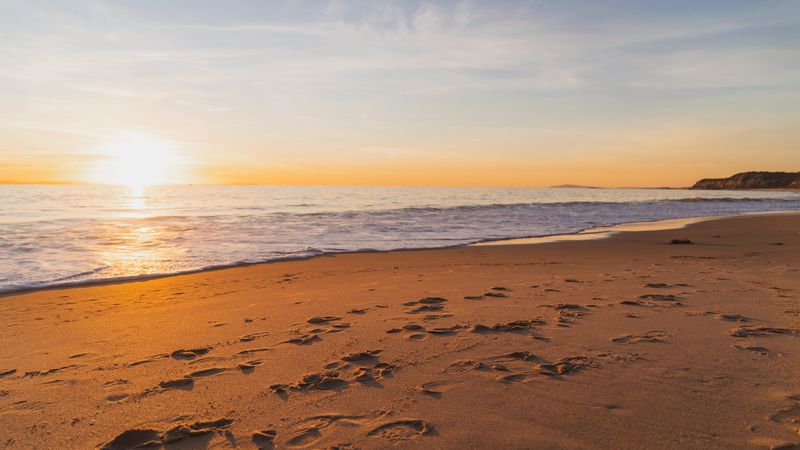 sunset, beach, sea, sand, water, 4k