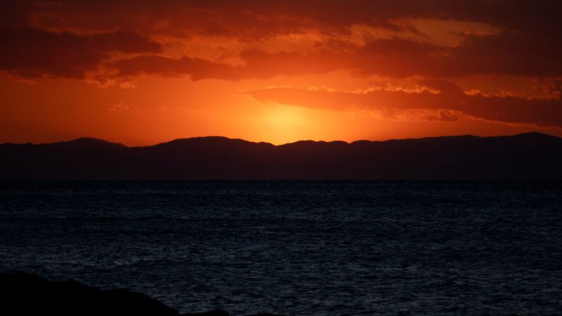 sunset, sea, mountains, dark, dusk, 4k